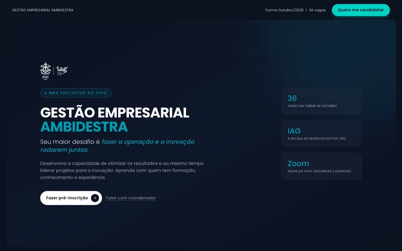 Landing page do programa de governança e liderança executiva GEAMB IAG PUC-Rio